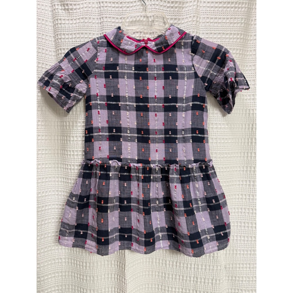 Hatley Plaid Dress Girls 6 Purple Navy Blue Good Tufted Metallic Drop Waist